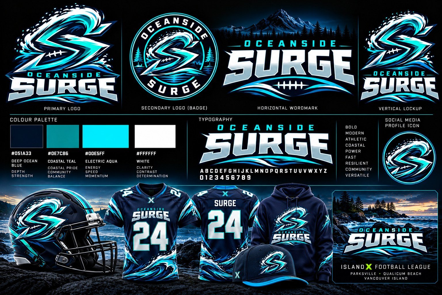 Approved Oceanside Surge branding, logo, uniform and helmet designs