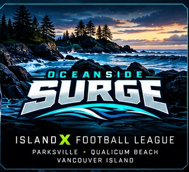 Rocky Vancouver Island coastline and Oceanside Surge wordmark